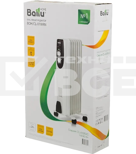 Обогреватель масляный Ballu Classic BOH/CL-07WRN (7 секций), белый, 1500 Вт, 20 м2, термостат