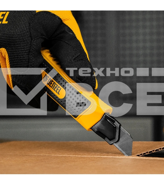 Нож Denzel 18 мм, сменное лезвие, SK4, корпус из цинкового сплава + TPR, торцевой зажим