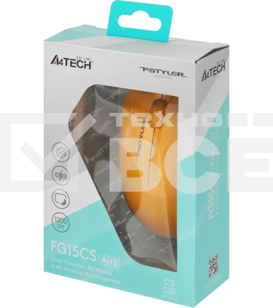 Мышь беспроводная A4Tech Fstyler FG15CS Air2 желтый, 1200 dpi, радиоканал, USB, кнопки - 3