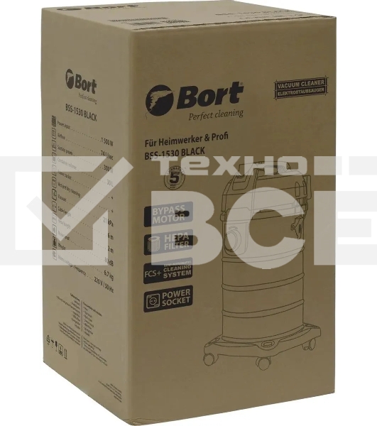 Пылесос профессиональный Bort BSS-1530 черный, 300/1500 Вт, уборка влажная/сухая, пылесборник мешок/контейнер 30л