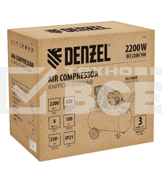 Компрессор воздушный рем. привод BCI 2200/100, 2,2 кВт, 100 литров, 420 л/мин Denzel