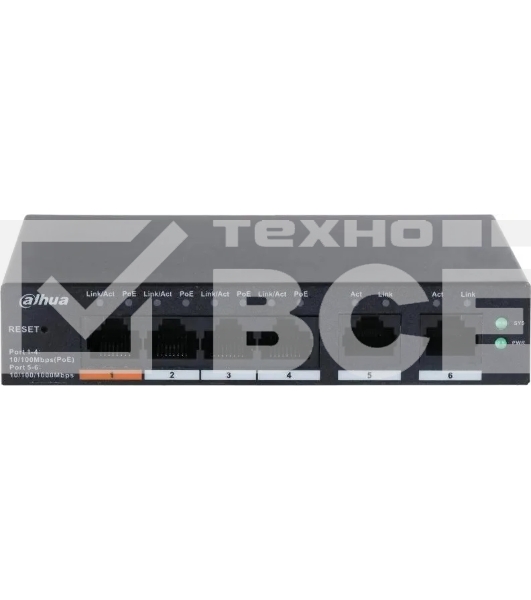 Коммутатор Dahua DH-CS4006-4ET-60 (L2) 4x100Мбит/с 2xКомбо(1000BASE-T/SFP) 30W управляемый