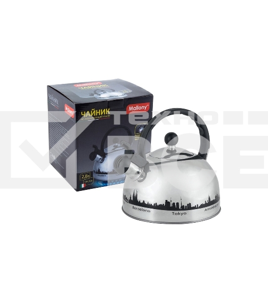 Чайник из нерж. стали Mallony MAL-CITY-01 с рисунком, меняющим цвет (2,8 литра, со свистком, капсульное дно)