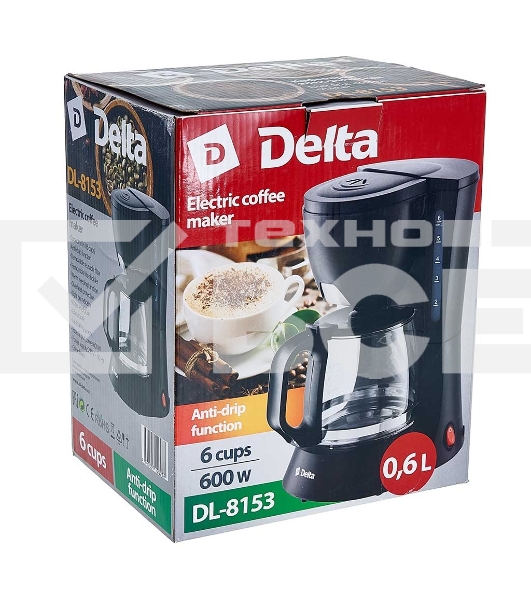 Кофеварка капельная Delta DL-8153 черный, исп. кофе - молотый, 0,6 л, 600 Вт