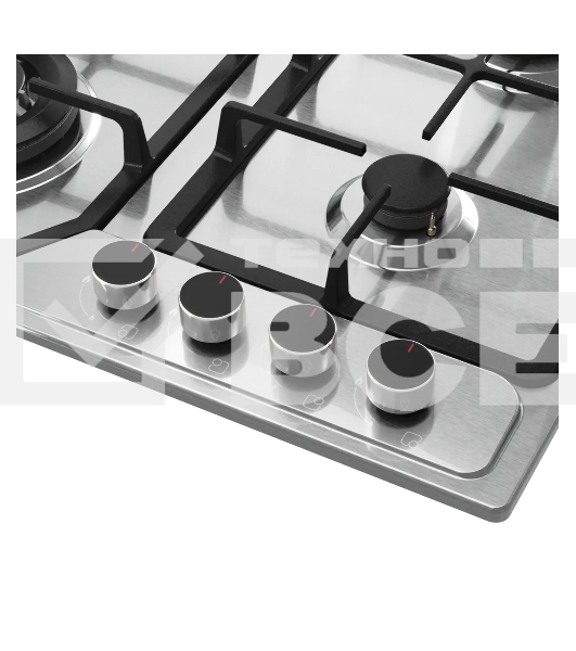 Варочная поверхность Kuppersberg, газ, High-Tech, 60 см, автоматический электроподжиг, газ-контроль, SABAF конфорки, чугунные решетки, WOK конфорка, цвет нержавеющая сталь, цвет фурнитуры черный