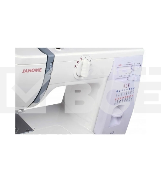 Швейная машина Janome 415 15 операций, вертикальный качающийся челнок, полуавтоматическое выполнение петли, автоматический нитевдеватель,  регулировка длины стежка до 4 мм, ширины зигзага до 5 мм, регулятор натяжения верхней нити, рычаг обратного хода, ле
