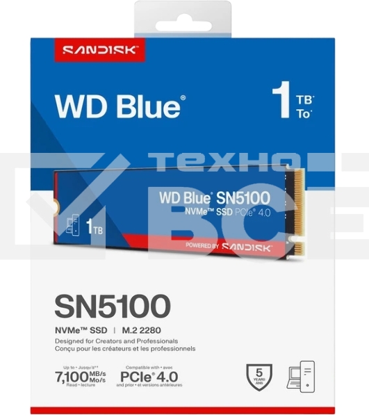 Накопитель SSD M.2 2280 1TB NVMe PCIE 4.0 x4 7100/6700 BLUE SN5100 WDS100T5B0E WDC