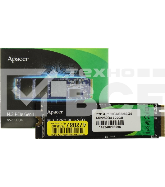 Накопитель SSD Apacer AS2280Q4, 500GB, PCIe 4.0 x4, M.2 2280, NVMe, R/W 4500/2500, с радиатором