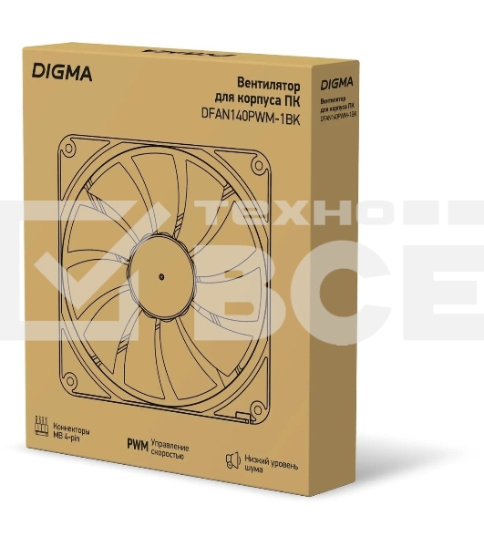 Вентилятор для корпуса Digma DFAN140PWM-1BK черный, 140 мм, 1500 об/мин, 28 дБ, 4 pin