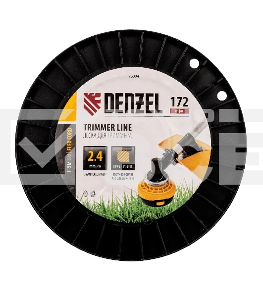 Леска для триммера Denzel зубчатый квадрат, 2,4мм х 172м, на DIN катушке FLEX CORD