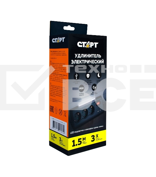 Удлинитель сетевой СТАРТ S 3x1 ZDV 2USB-- 12, 3 розетки, до 16А, 2xUSB, 1.5м, с заземлением, кнопка включения, функцией ночника, защитными шторками от детей, белый