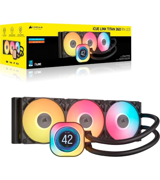 Система жидкостного охлаждения Corsair iCUE LINK TITAN 360 RX LCD (360мм, черный, RGb/ Fans: 3x120мм, 73.5CFM, 36dBA, 2100RPM/ S: 1851, 1700, AM5, AM4)