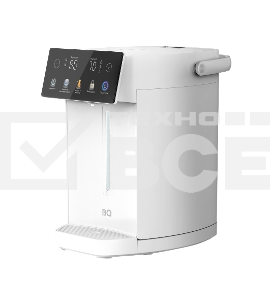 BQ TP5001 White. Мощность 1600 Вт/Объем 5 л/Сенсорный LED-дисплей/Поддержание температуры/Функция дехлорирования/Регулировка темперы от 40 до 90 'C/Система защиты: от перегрева, от включения без воды, блокировка подачи воды/Внутренняя колба из нержавеющей