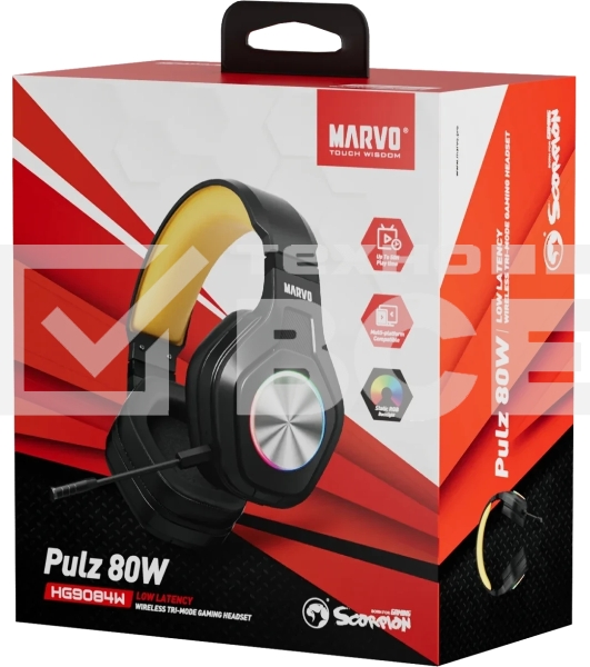 Гарнитура MARVO HG9084W Pulz 80W чёрный, беспроводная + проводная, радиоканал, до 50 ч, подсветка, совместимость с PS5, Xbox