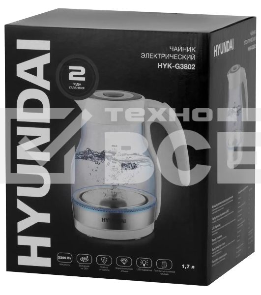 Чайник электрический Hyundai HYK-G3802 1.7л. 2200Вт белый/серебристый (корпус: стекло)