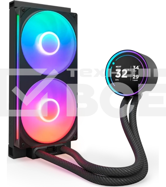 Система жидкостного охлаждения для ПК/Water Cooling System NZXT Kraken Elite 280 RGb (250W, 280мм, LED temp., Black/Fans: 2x140мм, 98.61CFM, 34.5dBA, 2000RPM/Pump height 65мм, 2800RPM, Rad thickness 27мм/S: 1851, 1700, 1200, 115X, AM5, AM4)