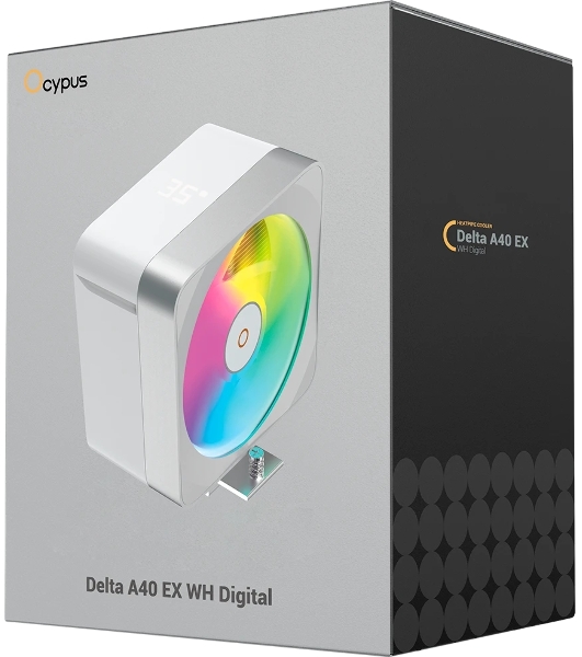 Кулер для процессора Ocypus Delta A40 EX WH Digital, 120мм ARGB FAN, Top Display Panel, 4 HEAT PIPES, 4-PIN PWM, 500-1800 RPM, 29DBA, HYDRO BEARING, LGA115X/1200/1700/18XX, AM4/AM5