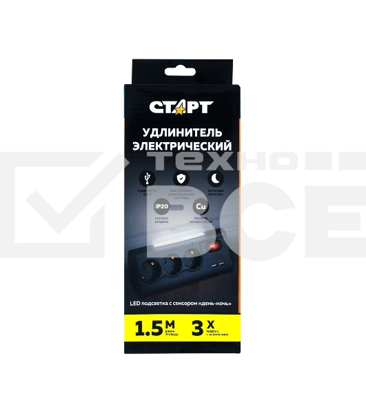Удлинитель сетевой СТАРТ S 3x1 ZDV 2USB-- 12, 3 розетки, до 16А, 2xUSB, 1.5м, с заземлением, кнопка включения, функцией ночника, защитными шторками от детей, белый