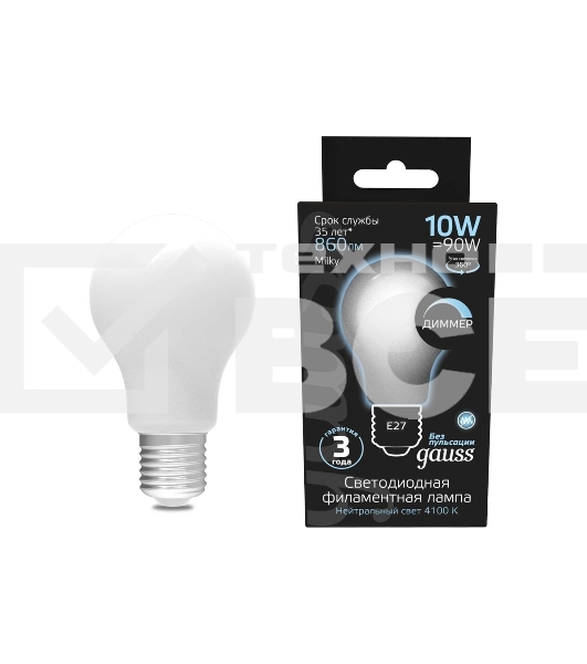 Лампа светодиодная Gauss Filament A60 E27 10Вт 4100К OPAL диммир