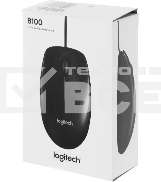 Мышь проводная Logitech B100 черный, 1000 dpi, USB, кнопки - 3