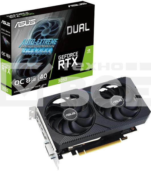 Видеокарта Asus NVIDIA GeForce RTX 3050 8192Mb DUAL-RTX3050-O8G-V2 PCI-E 4.0 128 GDDR6 1822/14000 HDMIx1 DPx3 HDCP Ret