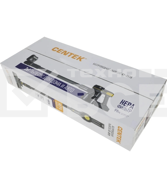 Пылесос вертикальный Centek CT-2573 черный/желтый, питание от аккумулятора, 215 Вт, уборка сухая, пылесборник 0.8 л, работа от АКБ max 45 мин