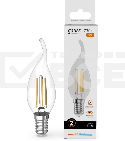 Лампа филам. Gauss Filament 12Вт цок.:E14 свеча св.свеч.бел.теп. (упак.:10шт) (42112)