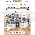 Набор посуды Zeidan Z-50632 6 предм.: кастрюля с/кр 2,0 л (16 см), кастрюля с/кр 3,0 л (18 см), кастрюля с/кр 4,0 л (20 см), нержавеющая сталь, комбинированная полировка снаружи, зеркальная полировка внутри, шкала литража, крышки - стекло, 5-ти СТЕПОВОЕ К, фото3