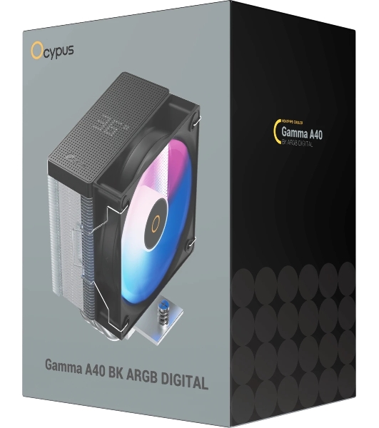 Кулер для процессора Ocypus Gamma A40 BK ARGB Digital, 100мм ARGB FAN, Top Display Panel, 4 HEAT PIPES, 4-PIN PWM, 600-2400 RPM, 29.5DBA, HYDRO BEARING, LGA115X/1200/1700/18XX, AM4/AM5