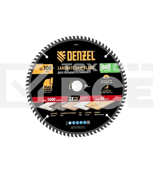 Пильный диск по ламинату Denzel ф300 х 30 мм, 80 зубьев 733887