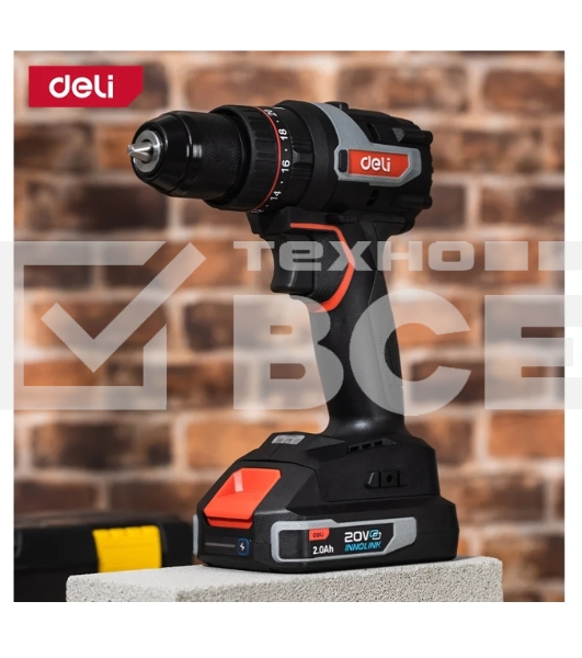Дрель-шуруповерт Deli DE-CZ20-1D2, Аккумуляторная, 20В, 2 АКБ, Ударная, Сумка