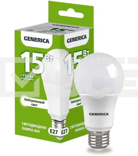 Лампа светодиодная A60 груша 15Вт 230В 4000К E27 GENERICA