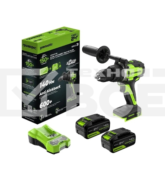 Дрель-шуруповерт аккумуляторная Greenworks GD24DD140 24V, 70/140Нм,Anti-kickback,2х4Ач,ЗУ,кор 3707607CUD