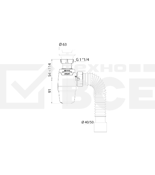 Сифон WIRQUIN NEO AIR SYSTEM с выпуском 1 ¼ х 40 ми гофротрубой L800 мм. 40 х 40/50 мм