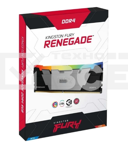 Оперативная память Kingston Fury Renegade, DDR4, 16GB (1x16GB), 3200MHz, CL16, с радиатором, RGB, серебристый/черный
