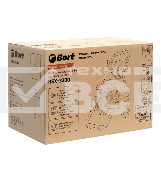 Мойка высокого давления Bort KEX-3200 2800 Вт, максимальное давление 90 бар, рабочее давление 70 бар, 20 л/мин, 47 кг, набор аксессуаров 10 шт