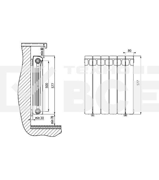 Радиатор биметаллический RIFAR Monolit 500 х 10 секций БОРДО боковое подключение
