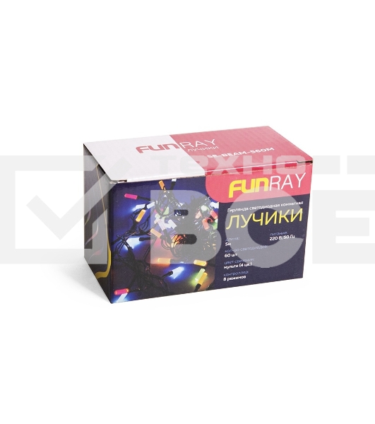 Гирлянда светод. Funray Лучики, SE-BEAM-560M, 5М, 60LED, мульти (4цв.),темно-зел.шнур 0,7м,контр,