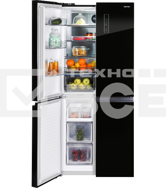 Холодильник Nordfrost RFQ 450 NFGb черное стекло многокамерный 270/135л морозилка сбоку, No Frost, Side by Side