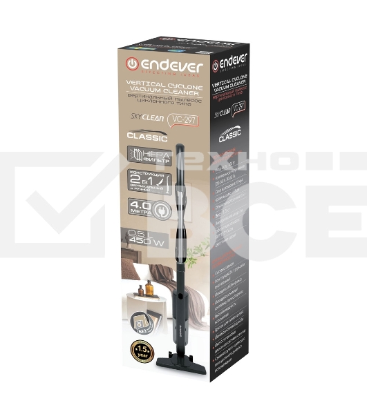Пылесос вертикальный Endever SkyClean VC-297 темно-серый, питание от сети, 450 Вт, уборка сухая, пылесборник 0,5 л