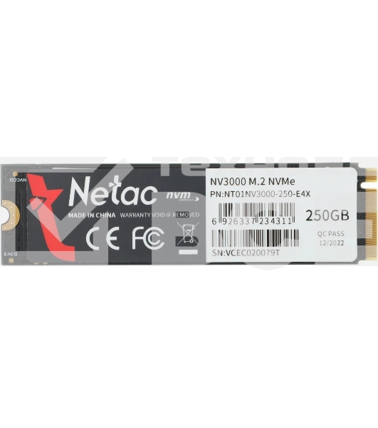 Накопитель SSD Netac NV3000, 250GB, PCIe 3.0 x4, M.2 2280, NVMe, R/W 3000/1400