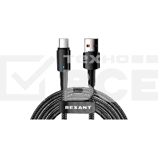 Кабель Rexant 18-7064 USB-A – Type-C, 6А, 66Вт, 1м, в черной нейлоновой оплетке, со световой индикацией