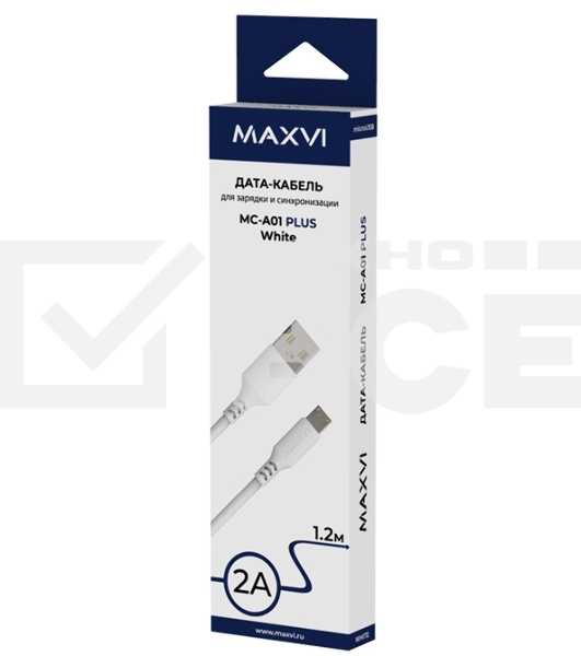 Кабель Maxvi MC-A01 plus white USB-A - microUSB, 2A ток макс. нагрузки 2А, макс. напряжение 5V; стандарт USB 2.0; длина 1.2м, материал PVC, белый