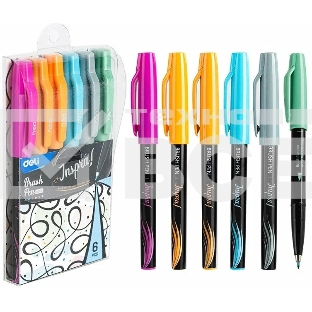 Набор ручек ручка-кисть Deli Inspira EU304 черн, ассорти чернила, блистер с европодвесом, 6 цветов, на водной основе