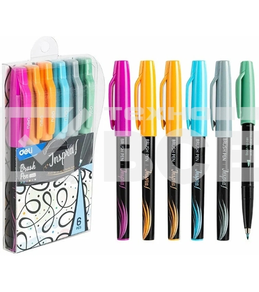 Набор ручек ручка-кисть Deli Inspira EU304 черн, ассорти чернила, блистер с европодвесом, 6 цветов, на водной основе