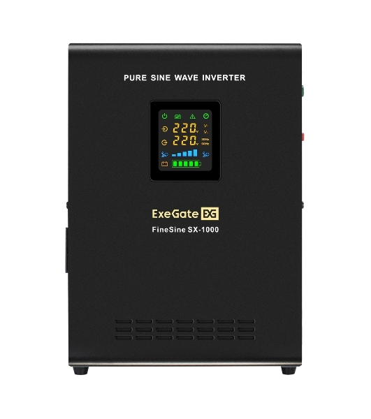 Комплект источника бесперебойного питания Exegate EX295997RUS + батарея 45Aч EX285666RUS 1шт (инвертор, синус, для котла, настенный) ExeGate FineSine SX-1000.LCD.AVR.2SH <1000VA/600W, чистая синусоида, цветной LCD-дисплей, AVR, 2*Schuko, линейно-интерактивный, крепление настенное/универсальное, черный> + батарея ExeGate HRL 12-45 (12В, 45Ач) 1шт