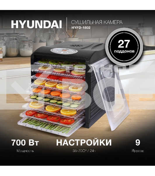 Сушка для фруктов и овощей Hyundai HYFD-1802 27под. 700Вт черный