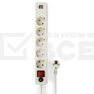 Сетевой фильтр Гарнизон 5р, 10А, 2xUSB, 1.8м, ур.защиты 4, белый, пакет