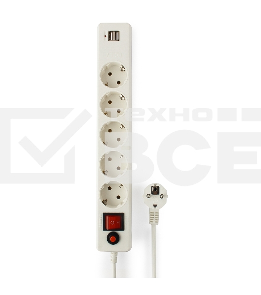 Сетевой фильтр Гарнизон 5р, 10А, 2xUSB, 1.8м, ур.защиты 4, белый, пакет