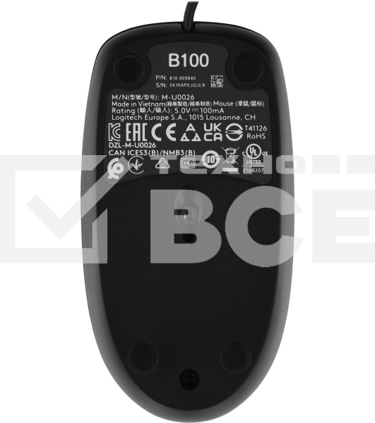 Мышь проводная Logitech B100 черный, 1000 dpi, USB, кнопки - 3